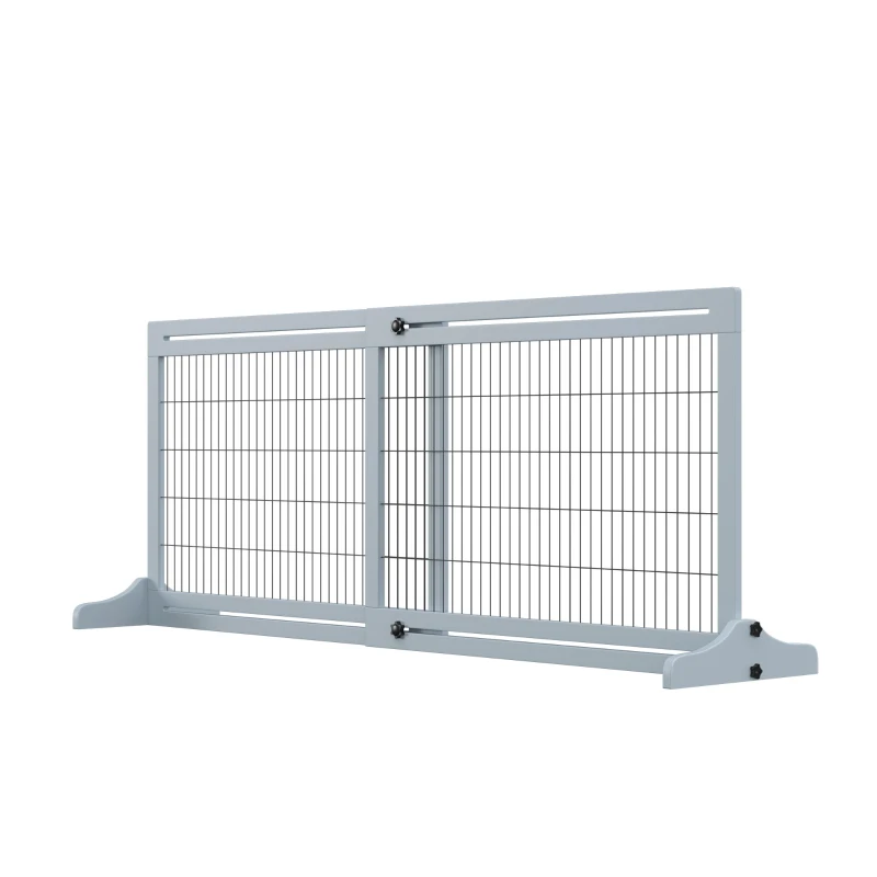 PawHut 72" W x 27.25" H Extra Wide Freestanding Pet Gate with Adjustable Length Dog, Cat, Barrier for House, Doorway, Hallway, Blue-Gray
