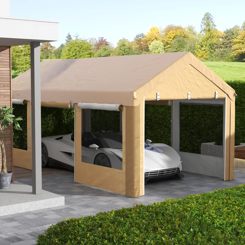 Outsunny 10' x 20' Carport, Heavy Duty Portable Garage, Height Adjustable, with 4 Mesh Windows and 4 Doors, Beige