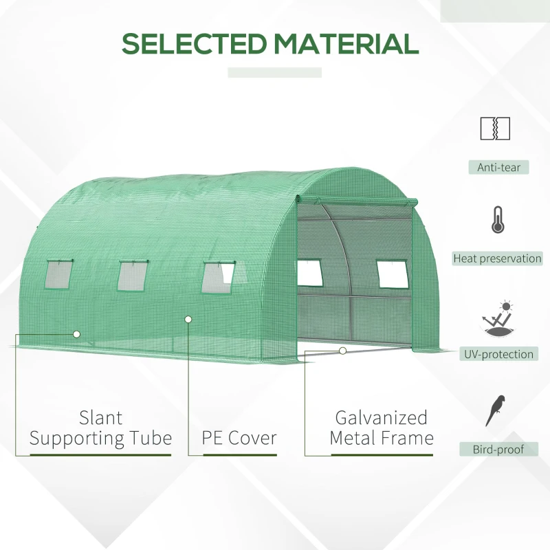Outsunny 13' x 10' x 6.6'  Walk-in Polytunnel Greenhouse, Outdoor Garden Tunnel Greenhouse Tent with Zipped Roll-Up Door and 6 Mesh Windows, Green