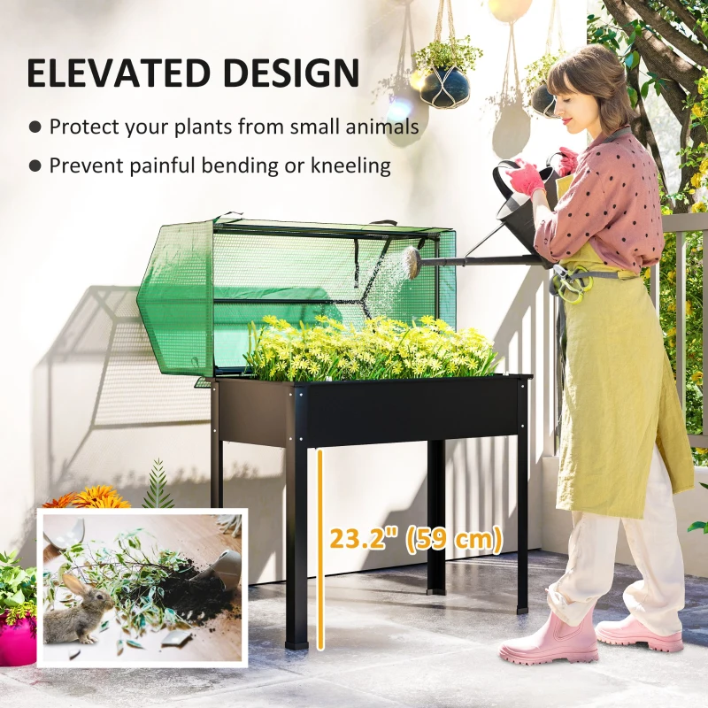 Outsunny Raised Garden Bed Planter with PE Greenhouse Cover, Elevated Garden Bed Box with Drainage Hole for Flowers, Black
