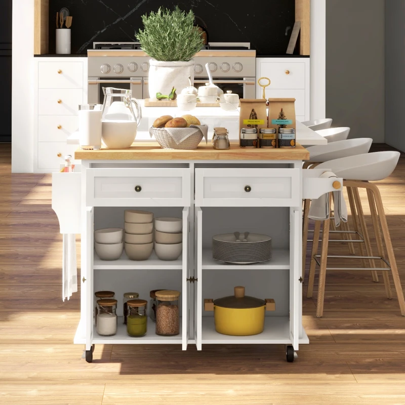 HOMCOM Kitchen Island on Wheels, Rolling Cart with Rubberwood Top, Spice Rack, Towel Rack and Drawers, Cream White