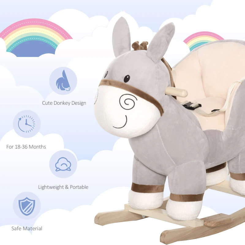 Qaba Kids Rocking Chair, Plush Ride On Rocking Horse Donkey with Sound, Wood Base Seat, Safety Belt, Baby Toddler Rocker Toy for 18 - 36 Months, Gray