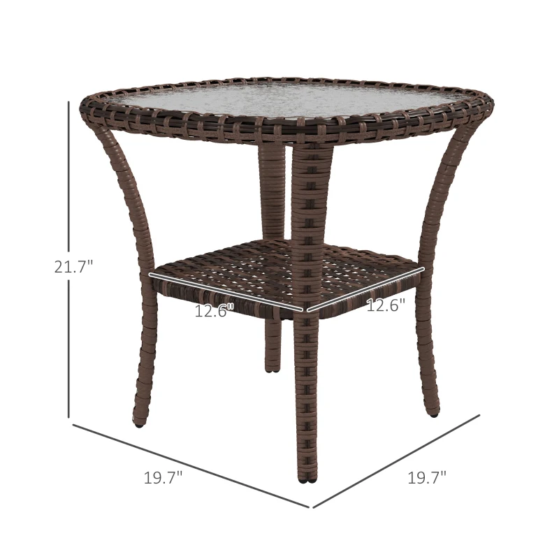 Outsunny Outdoor Coffee Table with Storage Shelf, Hand-Woven Wicker Side Table with Water-Ripple Glass Top, Mix Brown