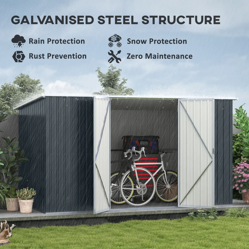 Outsunny 11.2' x 5.6' Storage Shed w/ Lockable Door, Galvanized Metal Utility Outdoor Shed for Backyard, Bike, Patio, Cold Gray