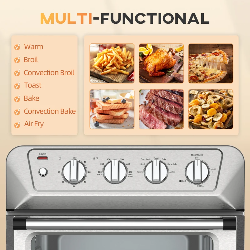 HOMCOM Air Fryer Toaster Oven, 21QT 7-In-1 Convection Oven Countertop, Warm, Broil, Toast, Bake and Air Fry, Accessories Included, 1800W, Stainless Steel Finish