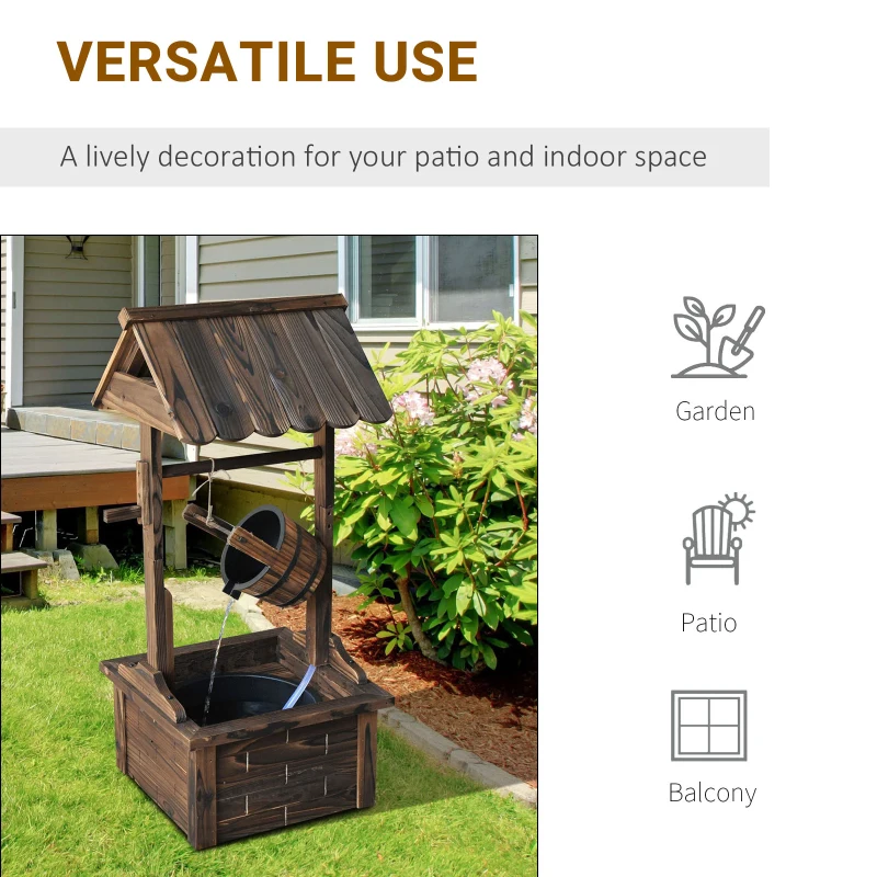 Outsunny Outdoor Wooden Wishing Well Fountain with Adjustable Water Flow Rate, Outdoor Rustic Waterfall Fountain with Electric Pump, Water Bucket, for Backyard Patio Garden Lawn, Carbonized Finish