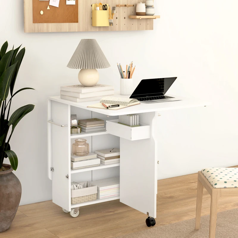 HOMCOM Folding Dining Table with Storage, Drop Leaf Kitchen Table on Wheels with Box, Shelves and Towel Racks, White