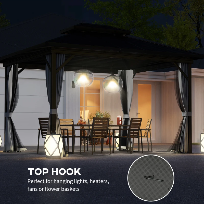 Outsunny 10' x 12' Hardtop Gazebo, Sun Shelter with Double Tier Metal Roof, Mosquito Netting, and Hanging Hook, Light Grey