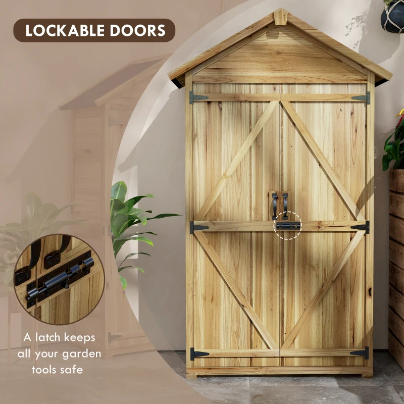 Outsunny Wooden Garden Shed Outdoor Storage Cabinet with Waterproof Asphalt Roof Lockable Doors Shelves for Backyard Natural