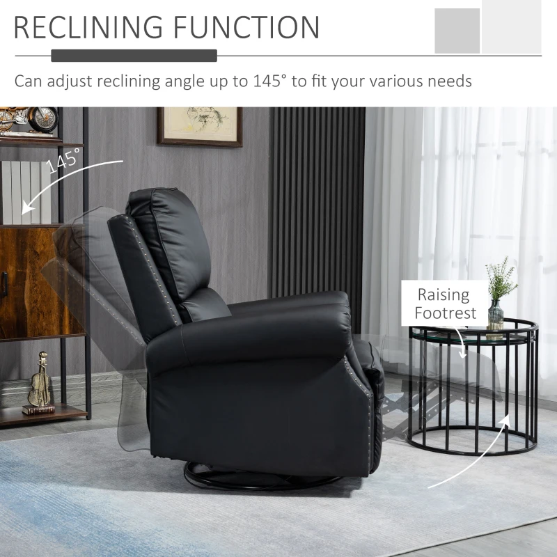 HOMCOM Manual Recliner Chair 360° Swivel Rocking Chair Sofa with PU Leather Padded Cushion and Backrest for Living Room Black