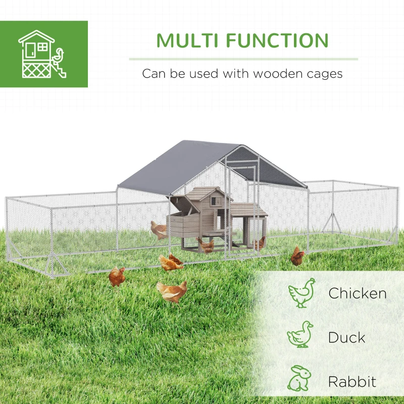 PawHut Chicken Run, 23' x 6.6' Metal Chicken Coop with Waterproof and Anti-UV Cover, Spire Roof, Door, for 12-14 Chickens, Ducks, Rabbits, Sliver