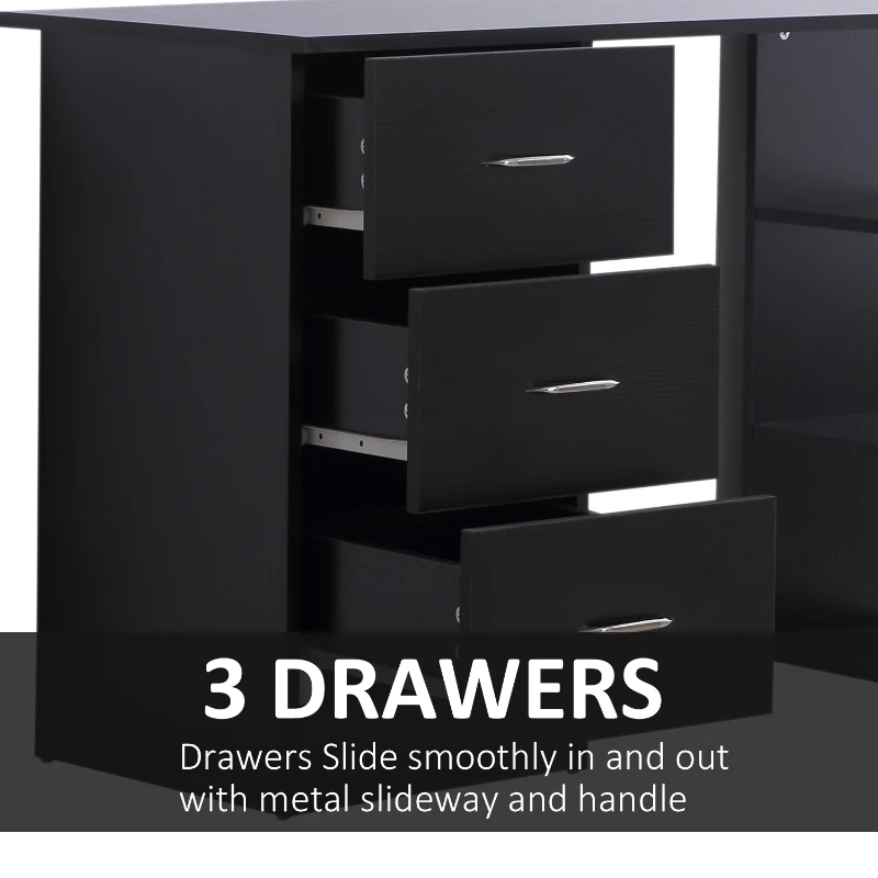HOMCOM 47" Modern Home Office Computer Desk Bookcase Combo Writing Table Workstation with 3 Drawer and Storage Shelf - Black