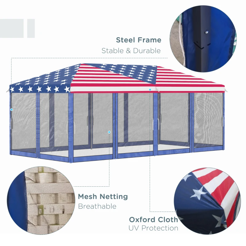 Outsunny 10'x20' Pop Up Party Tent Gazebo Wedding Canopy with 6 Sidewalls, American Flag