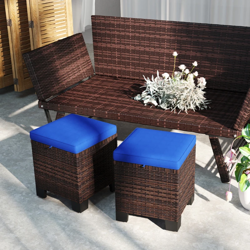 Outsunny 2 Piece Wicker Outdoor Ottomans with Cushions, Rattan Ottoman Footrest and Side Table for Patio, Yard, Poolside, Dark Blue