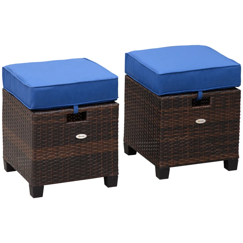 Outsunny 2 PCS Patio Wicker Ottoman Set, Two Square Outdoor PE Rattan Footrest with Removable Cushion, Freely Combined Furniture w/ Handle for Backyard, Garden, Poolside, Blue