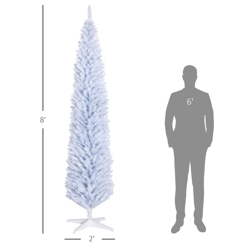HOMCOM 8ft Unlit Pencil Artificial Christmas Tree with Realistic Branches and 618 Tips, Plastic Base, White