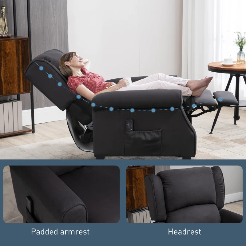 HOMCOM Massage Recliner Chair for Living Room, Push Back Recliner Sofa, Suede Wingback Reclining Chair with Extendable Footrest, Wood Legs, Remote Control, Side Pockets, Black