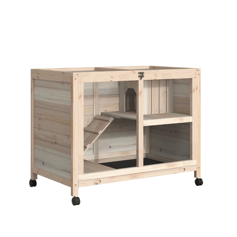 PawHut Indoor Rabbit Hutch with Wheels, Bunny Cage Guinea Pig House W/ Top Access, Ramp, Pull Out Tray, Natural Wood