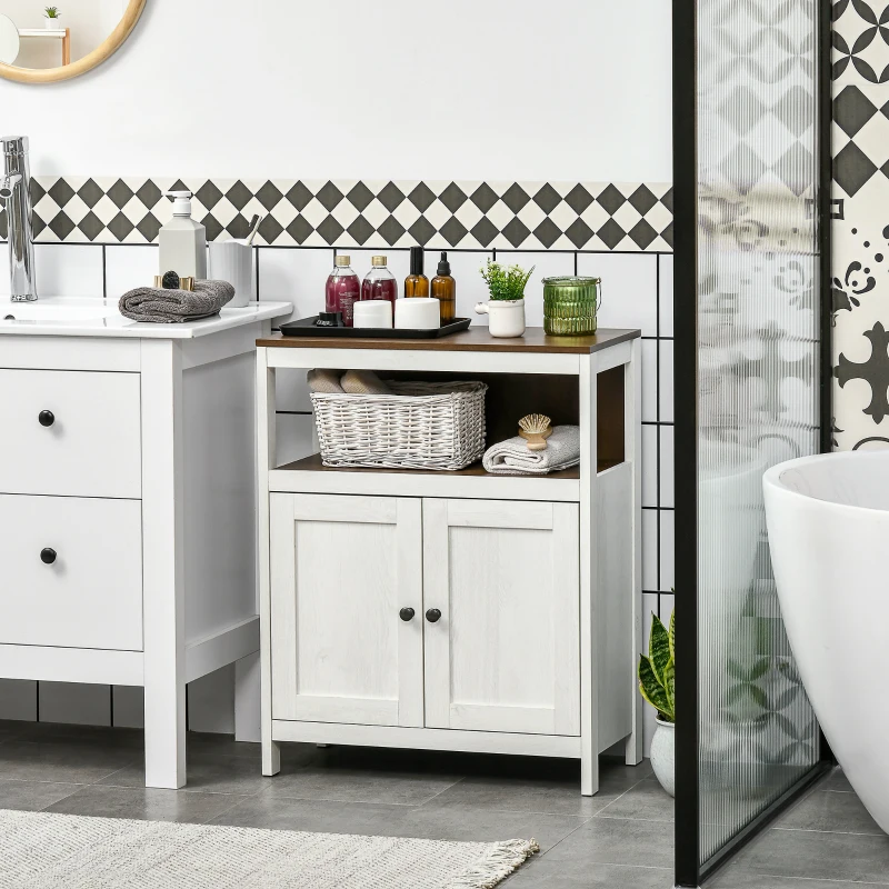 kleankin Modern Bathroom Storage Cabinet, Free Standing Bathroom Cabinet, Open Compartment and Cabinet with Adjustable Shelf, White and Walnut