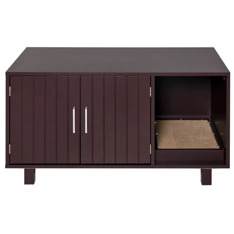 PawHut Wooden Cat Litter Box Enclosure & House, Kitty Hidden Washroom, with End Table Design, Scratcher, & Magnetic Doors, Brown