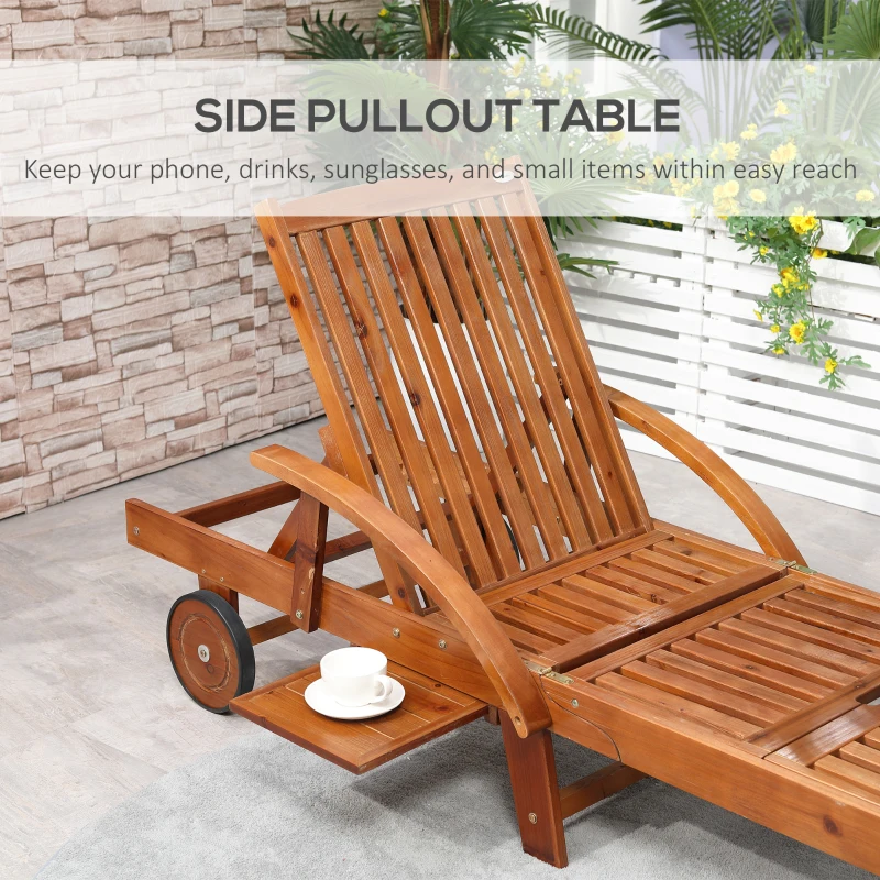 Outsunny Acacia Wood Folding Patio Sun Lounger with Wheels and Pull-Out Tray