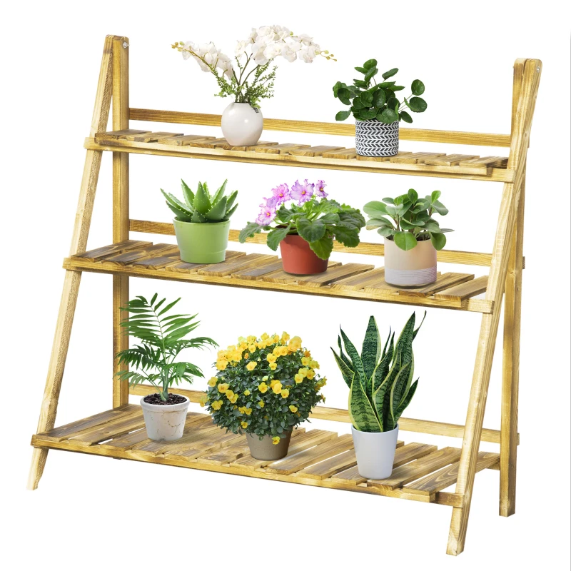 Outsunny Outdoor Plant Stand, Foldable Flower Stand 3-Tier Wooden Plant Shelf for Garden Indoor Outdoor, 32" x 14" x 37"