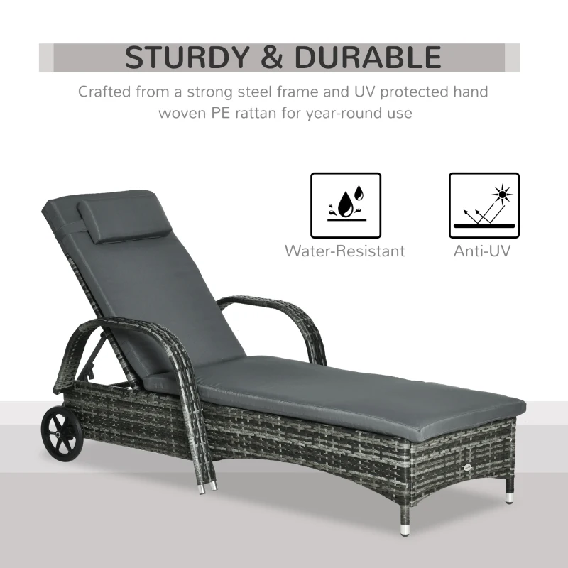 Outsunny Wicker Outdoor Chaise Lounge, 5-Level Adjustable Backrest PE Rattan Pool Lounge Chair with Wheels, Cushion & Headrest, Mixed Gray and Charcoal Gray