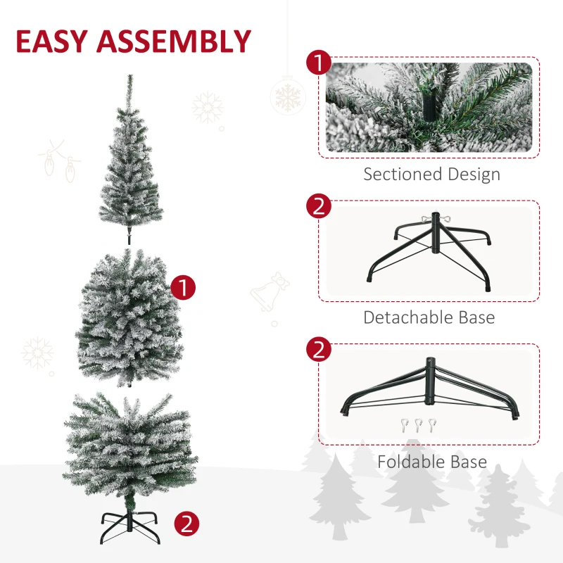 HOMOM 6ft Flocked Christmas Tree, Pencil Artificial Xmas Tree with Faux Snow, Dense Branches, Foldable Metal Base for Indoor Holiday Decor