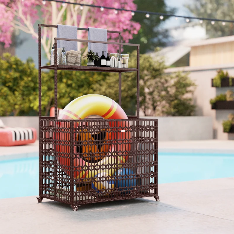 Outsunny Wicker Pool Float Storage Organizer, PE Rattan Pool Float Holder with Basket Shelf Towel Bars, Rolling Pool Caddy for Floaties, Noodles, Life Vests, Beach Balls, Mixed-Brown