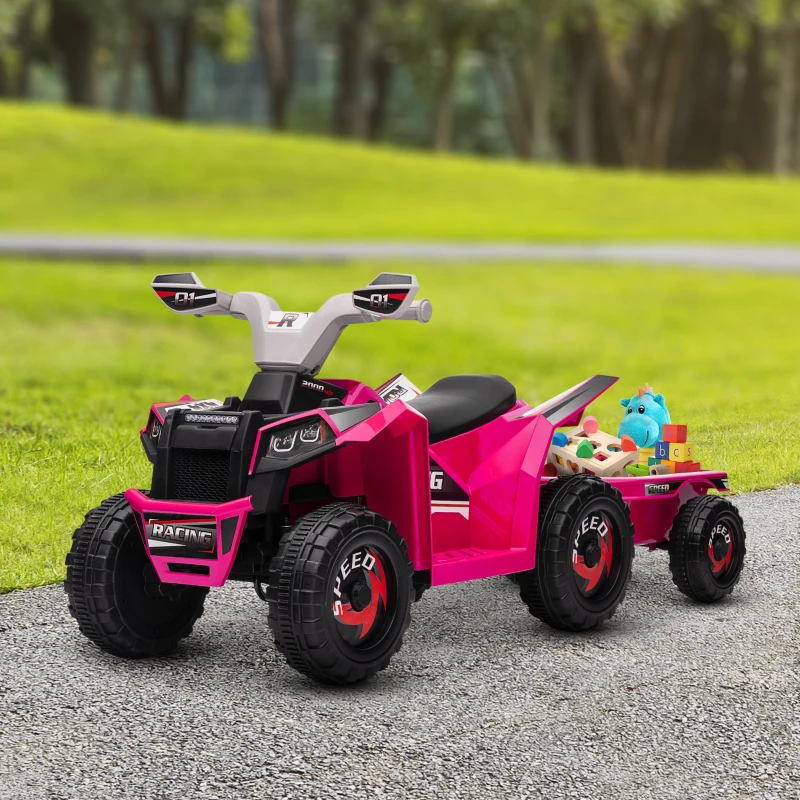 Aosom 6V Electric Toy Car with Back Trailer, Forward Backward, Wear-Resistant Wheels for Ages 18-36 Months, Pink