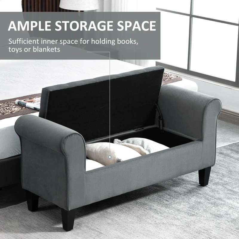 HOMCOM Button-Tufted Storage Ottoman Bench, Upholstered Bench with Rolled Armrests for Living Room or Hallway, Gray