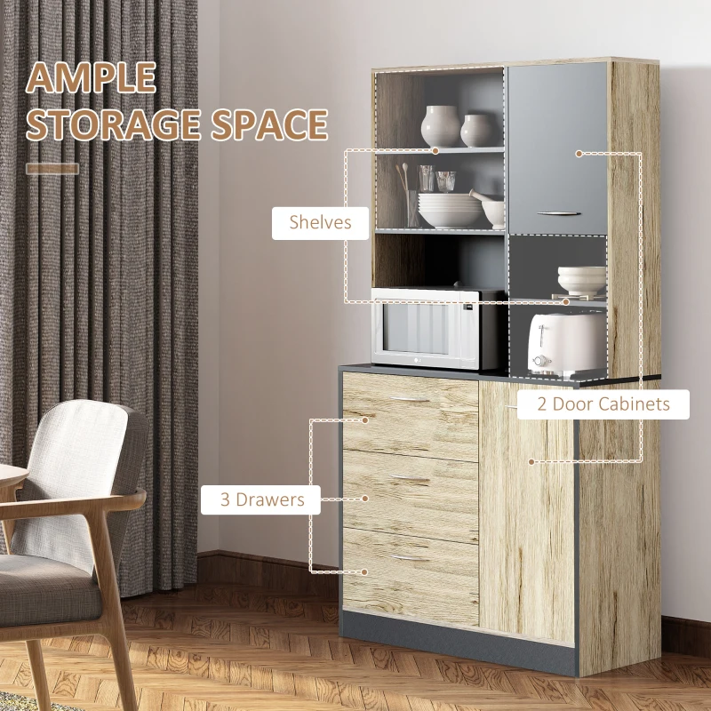 HOMCOM 67" Freestanding Buffet with Hutch, Kitchen Pantry Storage Cabinet with 3 Drawers, Cable Management, 4 Cubes, 2 Cabinets, Oak