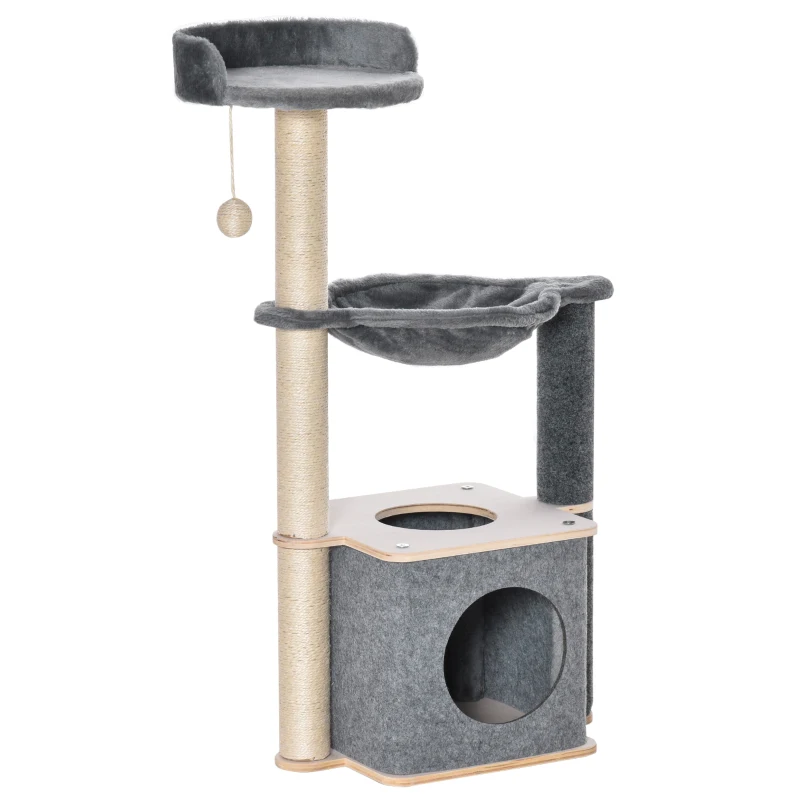 PawHut Cat Tree, Multi-Level Cat Tower with Cat Scratching Post, Perch, Cat Condo, Hammock, Hanging Toy Ball, Grey