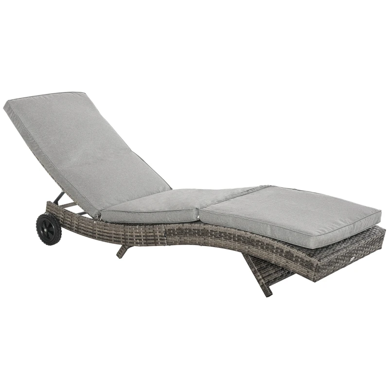 Outsunny Outdoor Adjustable Wicker Chaise Lounge Chair with Cushion & Wheels for Patio, Deck, Poolside, Grey