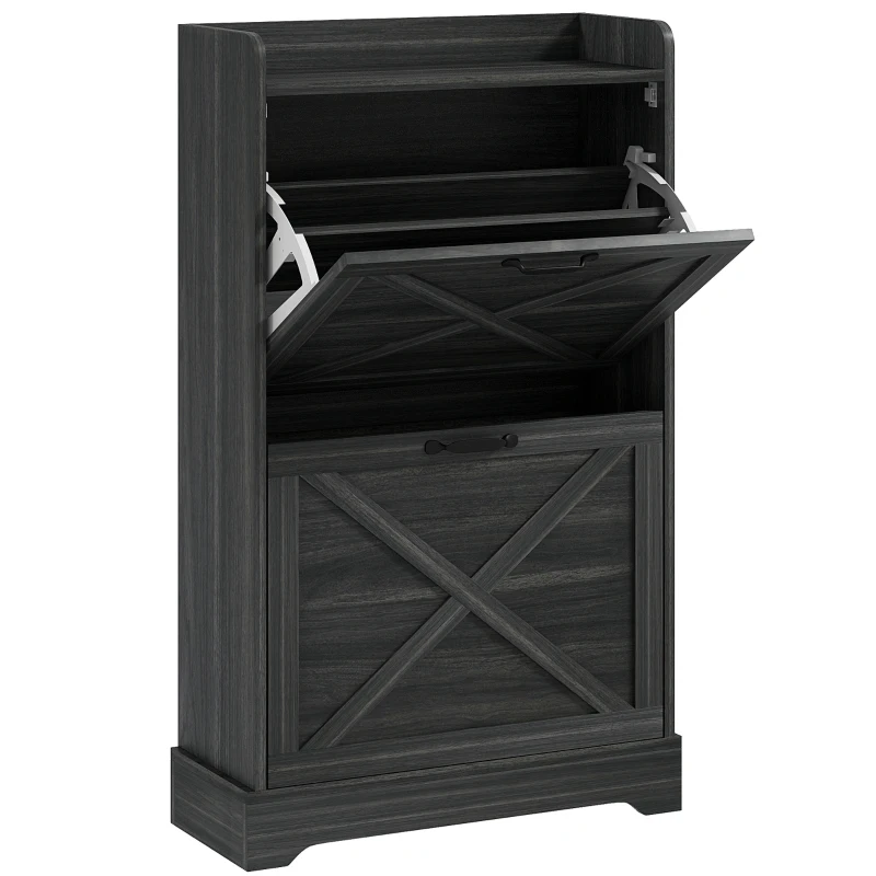 HOMCOM Slim Shoe Storage Cabinet, Farmhouse Shoe Cabinet with 2 Flip Drawers, Adjustable Shelves for 8 Pairs, Distressed Grey