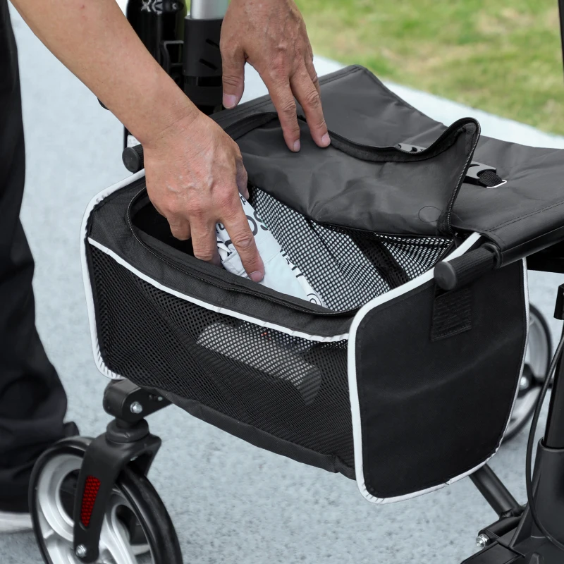 HOMCOM Lightweight Folding Rolling Walker with Large Seat, Back, Adjustable Handle, Bag, Dual Brake, Cane Holder, Black