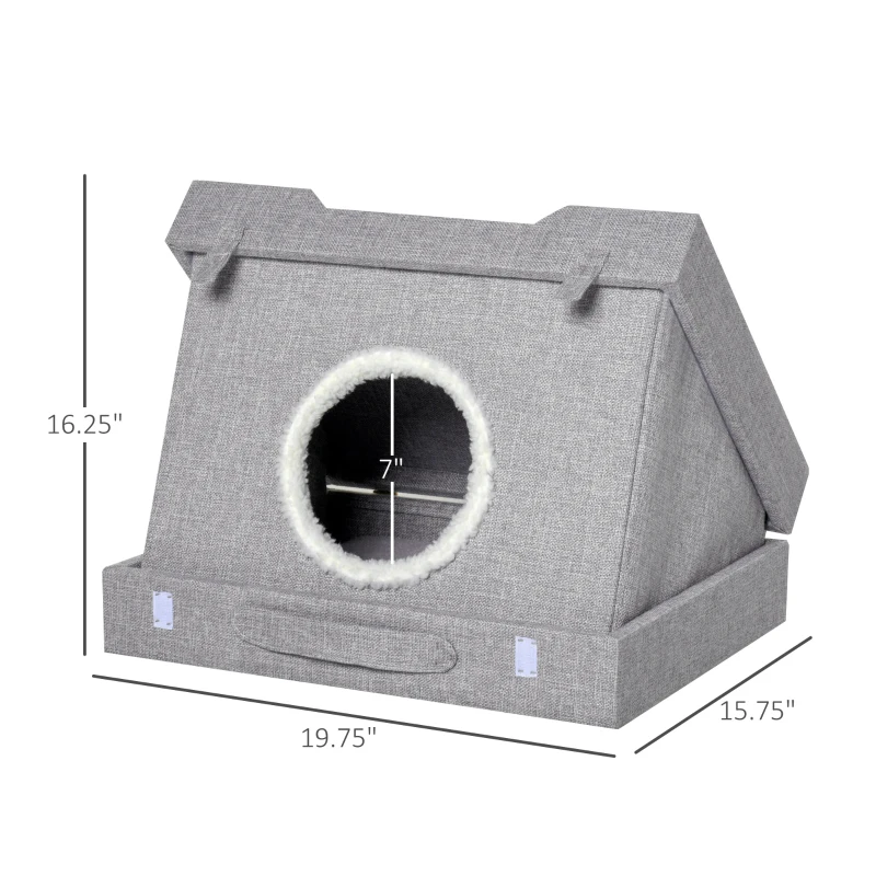 PawHut Cat House Foldable 2 In 1 Design Condo Pet Bed with Removable Washable Cushions Scratching Pad, Grey