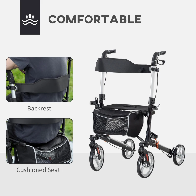 HOMCOM Lightweight Folding Rolling Walker with Large Seat, Back, Adjustable Handle, Bag, Dual Brake, Cane Holder, Black