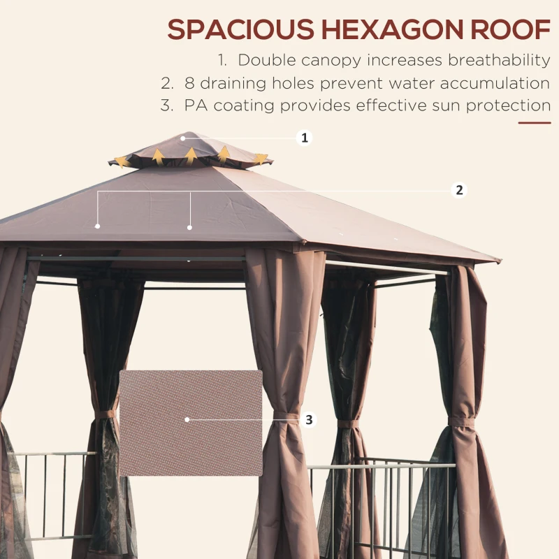 Outsunny 13' x 13' Patio Gazebo, Double Roof Hexagon Outdoor Gazebo Canopy Shelter with Netting & Curtains, Solid Steel Frame for Garden, Lawn, Backyard and Deck, Coffee