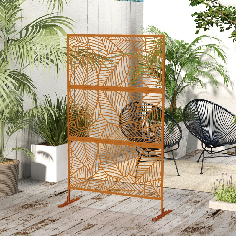 Outsunny 6.5' Decorative Outdoor Divider, Metal Privacy Screen with Stand, Leaf Motif, Brown