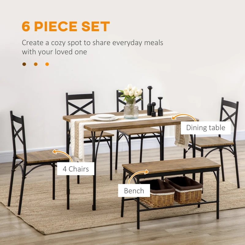 HOMCOM Industrial Dining Table Set for 6 People, 6 Piece Kitchen Table and Chairs Set, Dinner Table with Bench and Storage Shelf, Dinette Set, Rustic Brown