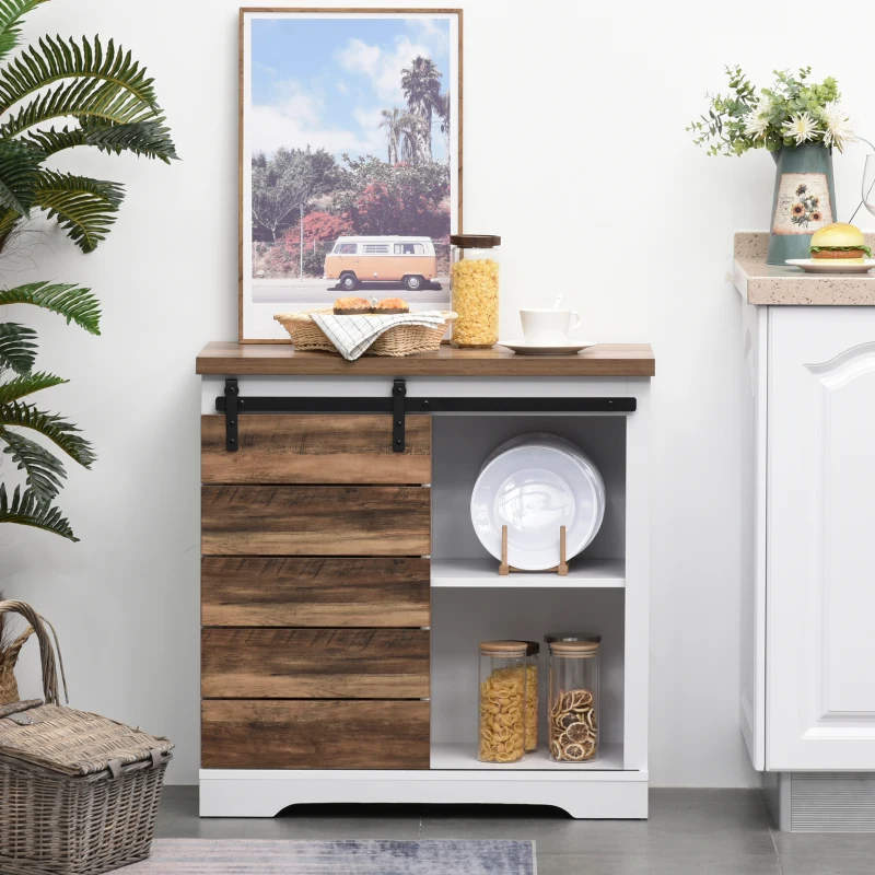 HOMCOM Farmhouse Sideboard Buffet Cabinet, Sliding Barn Door Style Accent Cabinet, Kitchen Cabinet with Interior Shelves, White/Brown