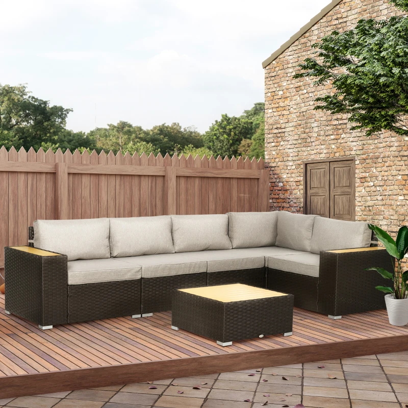 Outsunny 6 Pieces Outdoor Rattan Patio Furniture Set with Corner Sofa, Wood-Plastic Coffee Table, Light Grey