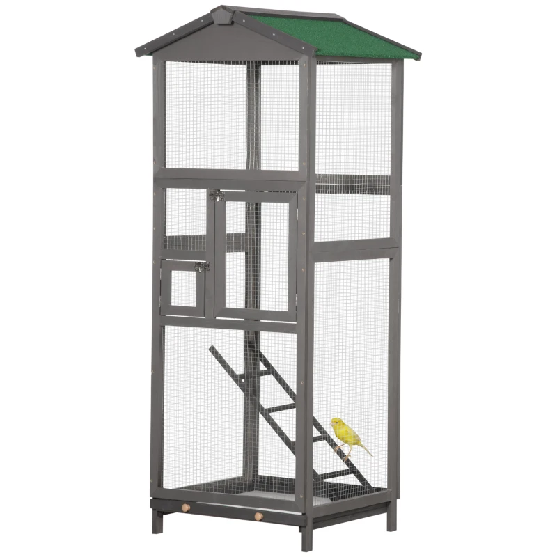 PawHut 65" Wooden Bird Cage Outdoor Aviary House for Parrot, Parakeet, with Pull Out Tray and 2 Doors, Grey