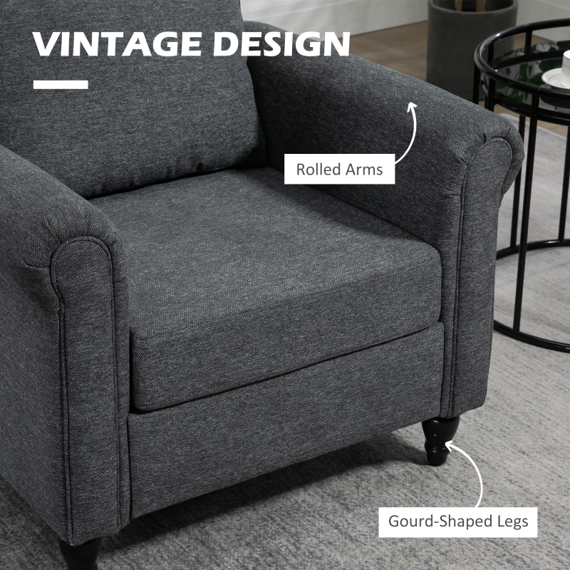 HOMCOM Vintage Armchair, Upholstered Accent Chair with Rolled Arms, Gourd-Shaped Rubber Wood Legs, Dark Grey