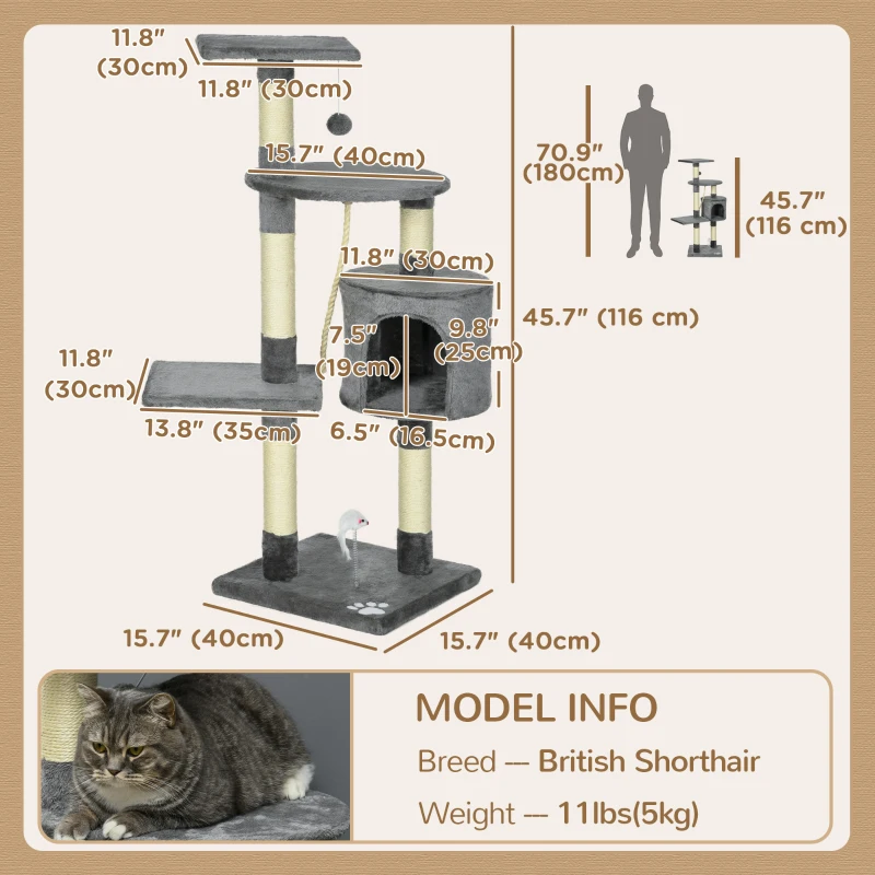 PawHut 46Inch Scratching Cat Tree, Multi Level Cat Tower for Large Cats Adult with Toys and Condo, Grey