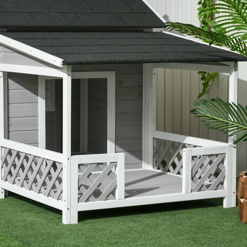 PawHut Wooden Dog House Outdoor with Porch, Cabin Style Raised Dog Shelter with Asphalt Roof, Doors, and Shutter Window, for Medium Large Sized Dog, Light Gray