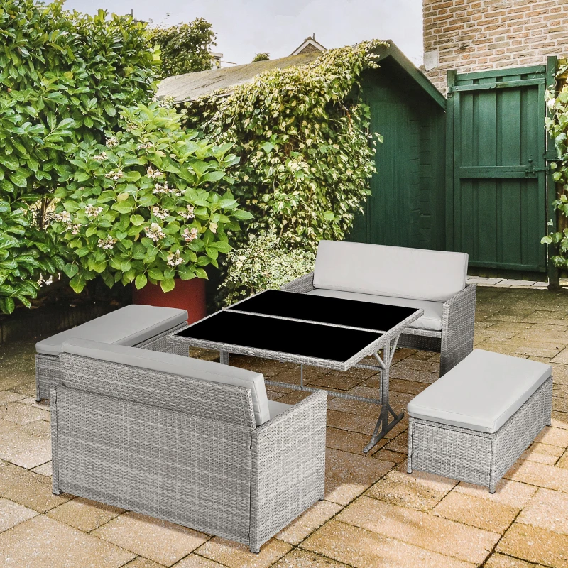 Outsunny 5 Pieces Wicker Patio Dining Set Outdoor Furniture Set with Removable Cushions, Glass Top Dining Table, Loveseats and Ottomans, Rattan Conversation Set for Garden, Grey