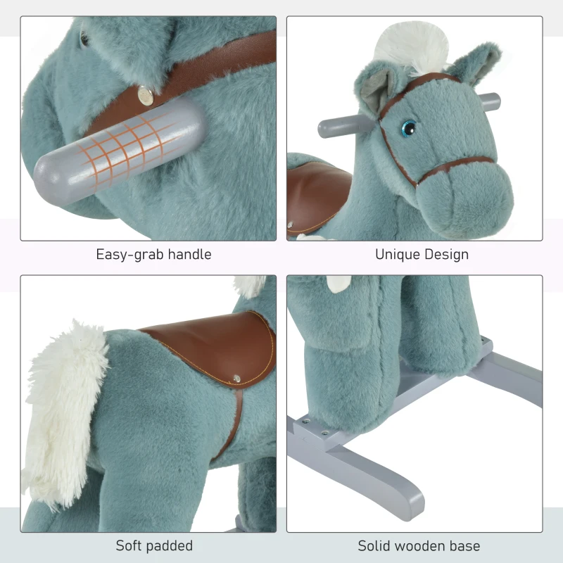Qaba Kids Rocking Horse Plush Animal on Wooden Rockers with Sounds, Wooden Base and Bear Toy Baby Rocking Chair Blue