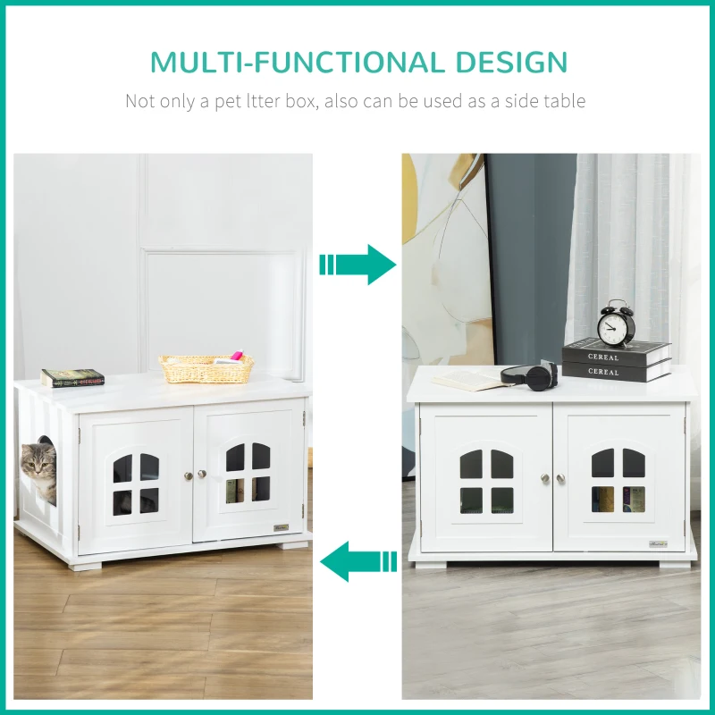 PawHut Cat Litter Box Enclosure Hidden Cat Furniture Cabinet Indoor Cat Washroom Double-door Nightstand End Table with Cat Hole Window White